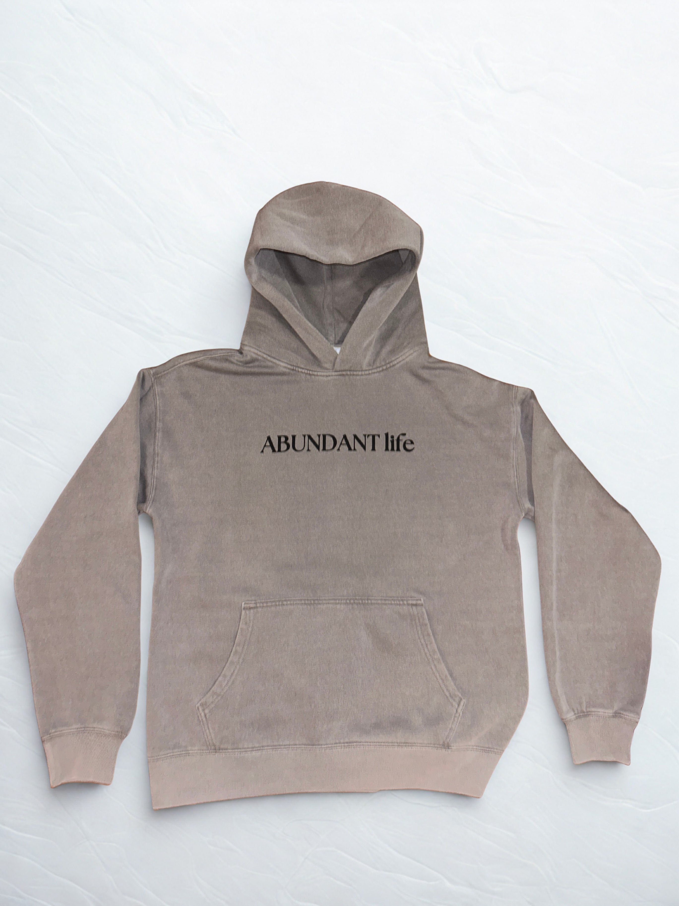 Brown hoodie with 'ABUNDANT life' text on a white background